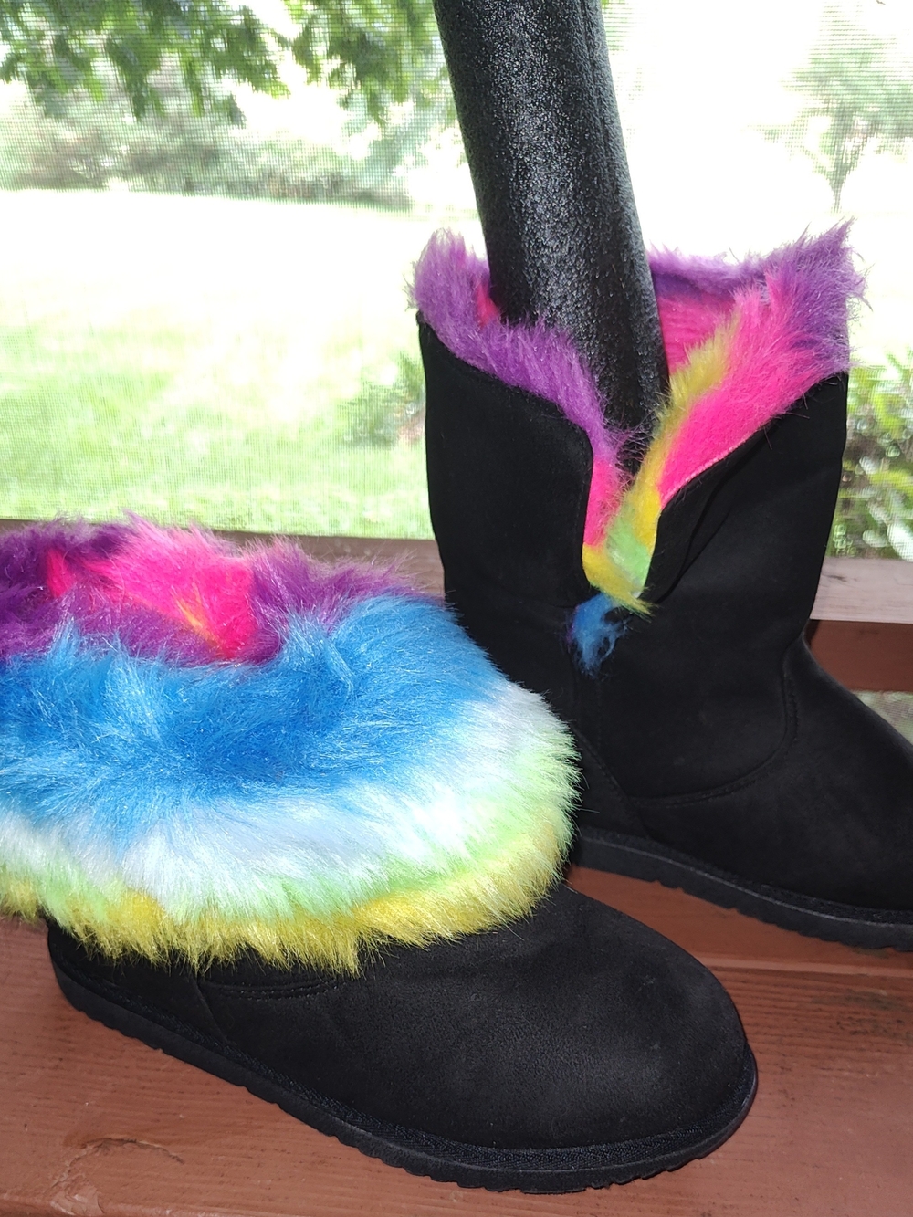 Hot Tomato Black Boots with Bright Rainbow Faux Fur Trim